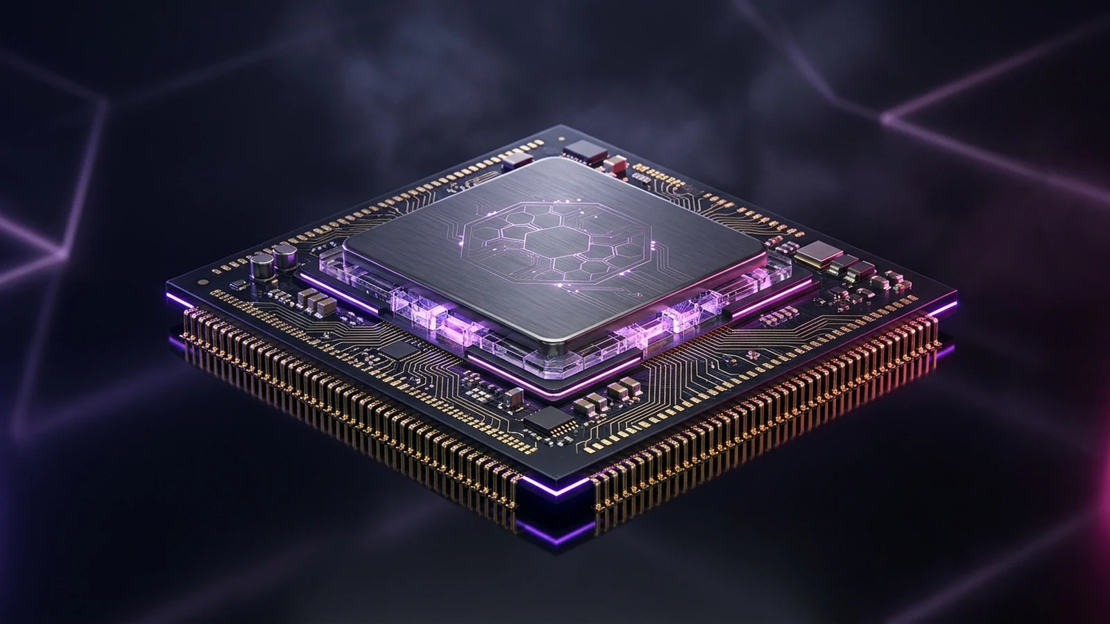 Microprocesador de Inteligencia Artificial de última generación con iluminación violeta y magenta