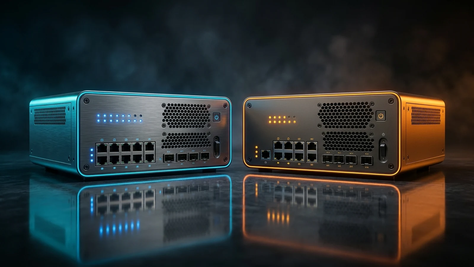 Equipos de seguridad de red firewall físico en estudio comparativo con iluminación azul y ámbar