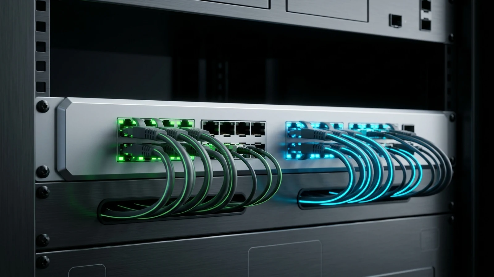 Conmutador de red empresarial con conexiones VLAN segmentadas e iluminación verde y cian