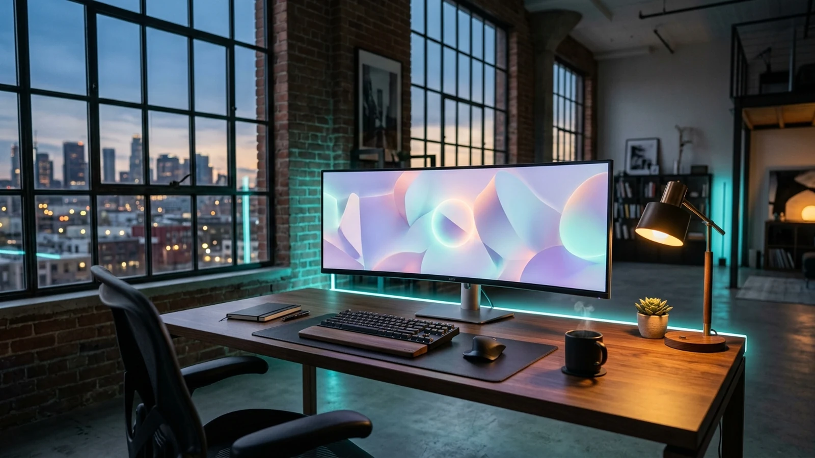 Estación de trabajo ejecutiva con pantalla panorámica y herramientas de innovación tecnológica