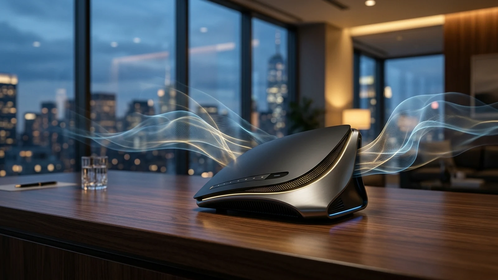 Router inalámbrico Wi-Fi 7 de alta gama en oficina corporativa con sutiles ondas expansivas